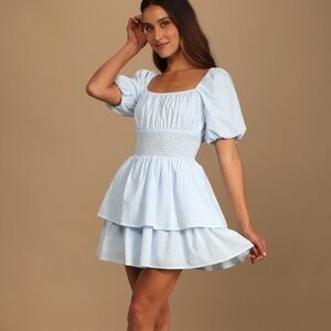 Lulus Tiers To Me Light Blue Puff Sleeve Tiered Skater Mini Dress - Size M